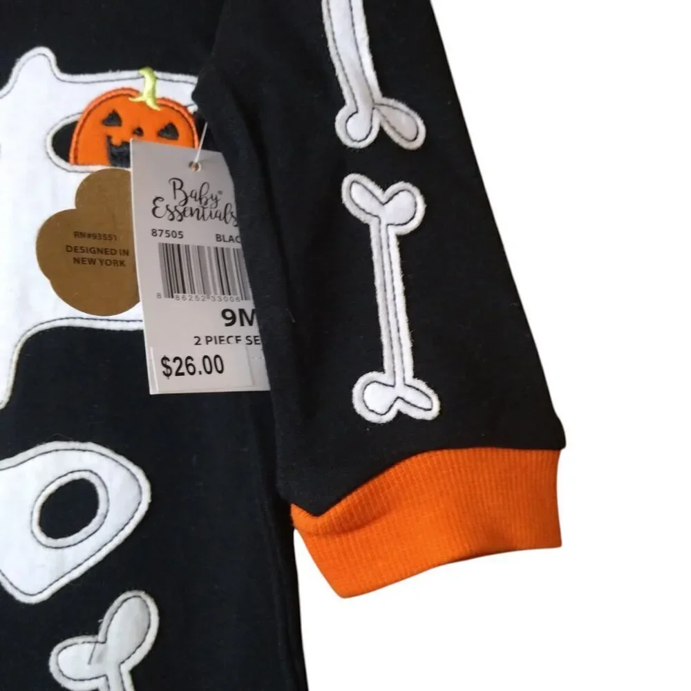 Halloween Baby Essentials Size 9 Months Unisex  Black Orange Skeleton Romper Set